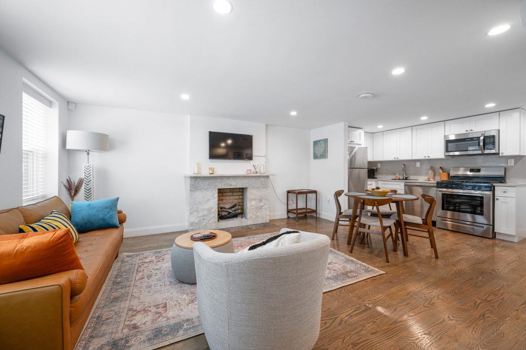 the spacious living area of our Cozy Carroll Gardens apartment, available for both long and short term rental